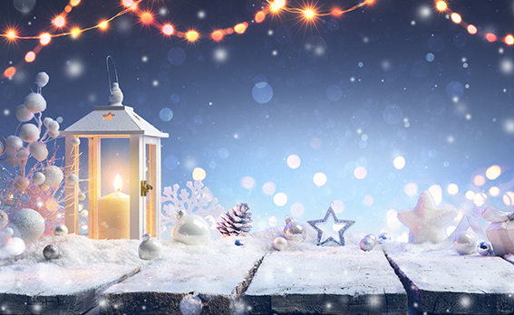 Christmas - Lantern And Gift On Snowy Table