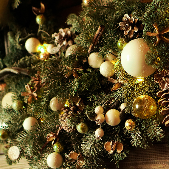 Christmas decorations, Christmas tree, gifts, new year in gold color