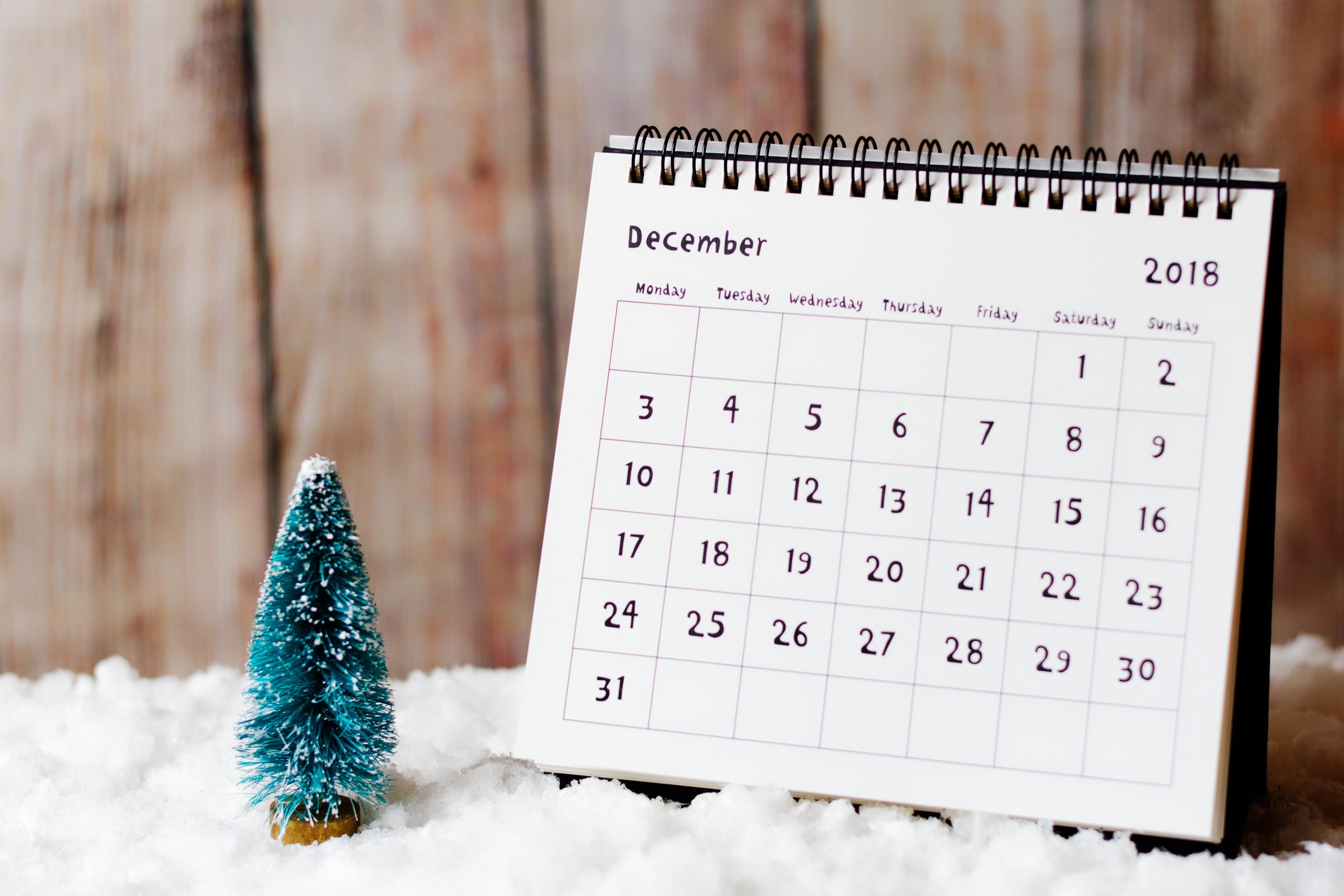 December 2018 calendar on the snow and little Christmas tree decoration. Wooden wall in the background