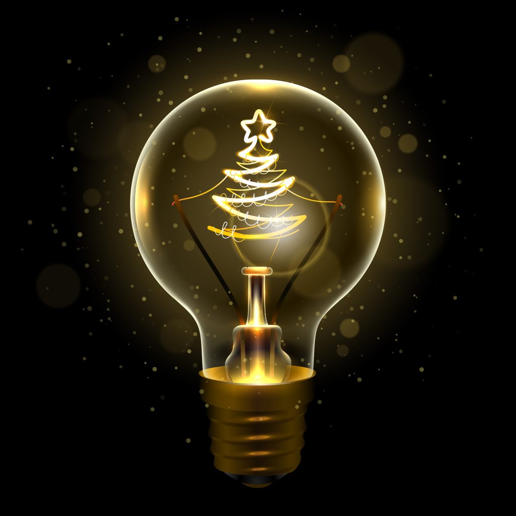 Realistic lamp with the symbol of christmas tree instead of the filament of incandescence, isolated on a dark background, vector illustration